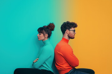 Two individuals in vibrant sweaters sit back-to-back against a split-color background, conveying contrast in mood or perspective.