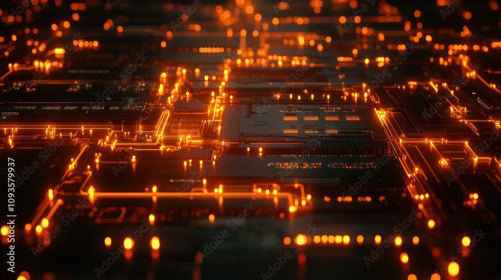Poster a vibrant digital circuit board with glowing orange pathways and connections.