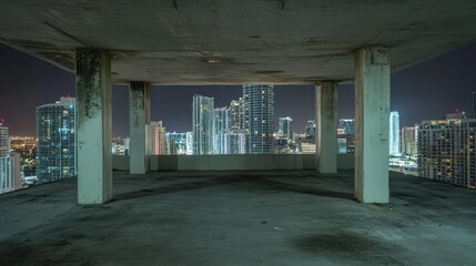 A vacant rooftop space overlooking a vibrant city skyline at night.