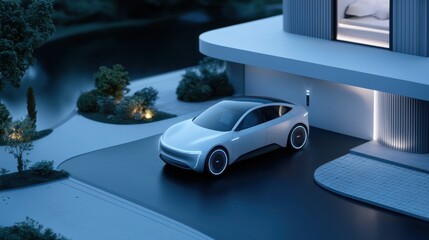 A futuristic car is parked in front of a house