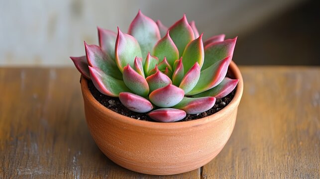 A succulent plant with red-edged green leaves growing in a terracotta pot, displayed on a wooden table, showcasing nature-inspired room decor and vitality.