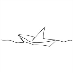 Continuous single line art drawing of paper boat sailing on the water river origami toy design vector illustration