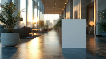 Fototapeta premium blank white paper mockup in table tent on glass light blur office background, empty poster, advertisement template, menu in cafe, sign, copy space, place for text
