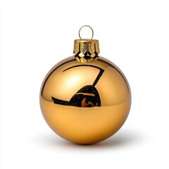 Obraz premium A photostock of a shiny gold Christmas ornament on a white background, capturing festive reflections. High Quality