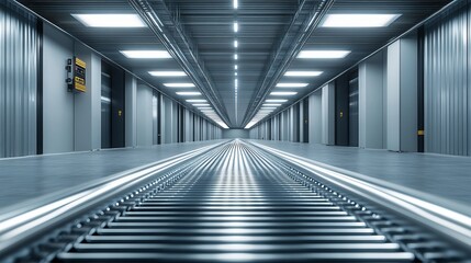 Obraz premium A sleek industrial futuristic hallway featuring an infinite perspective creates a sense of depth, modernity, and technological advancement in a minimalist space.