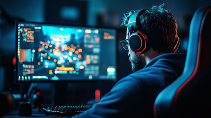 A young man intensely plays a video game in a dimly-lit room, enveloped in the glow of a computer screen, epitomizing the gaming lifestyle.