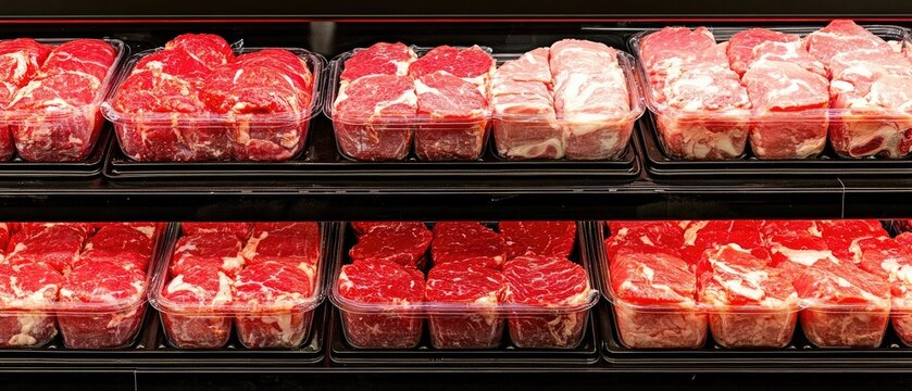Fresh meat packaged in plastic containers, displayed on supermarket shelves.