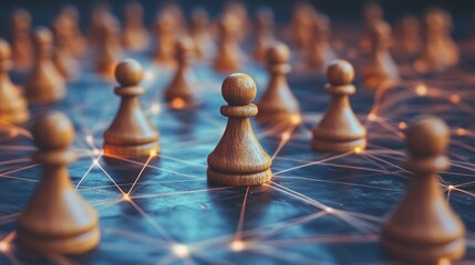 The image depicts a network of wooden chess pawns connected by glowing lines across a dark chessboard, symbolizing connectivity and strategic collaboration.