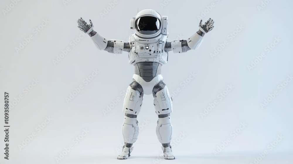 Poster a futuristic humanoid robot in a spacesuit, arms raised as if celebrating or greeting.
