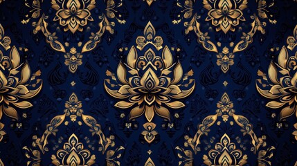 Thai gold pattern on blue background, elegant Thai gold pattern for design, traditional Thai gold pattern wallpaper