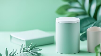 A green container with a white lid sits on a green table