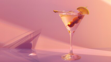 A stylish martini glass with a clear liquid and two olives on a pick, set against a soft pink gradient background.
