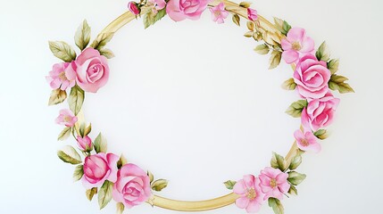 Fototapeta premium Pink Roses and Gold Frame Watercolor Wreath