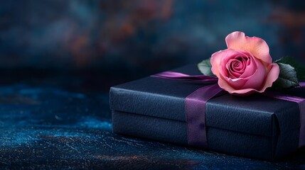 A single pink rose sits on top of a black gift box