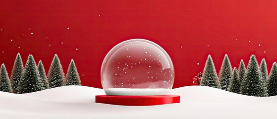Festive snow globe on red background with snowy trees.