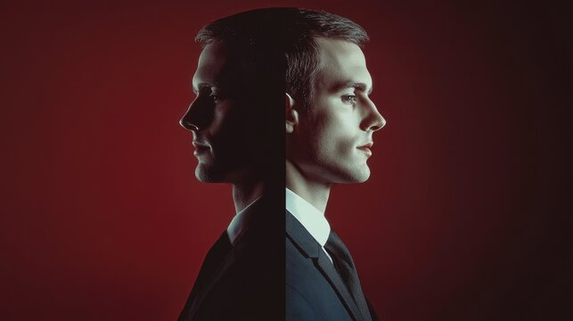 Dual portrait of a man in a suit, split profile, dark red background.