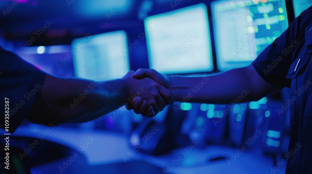 Poster two individuals shaking hands in a high-tech control room with glowing screens.