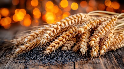 A bunch of wheat on a wooden table with bokeh lights in the background