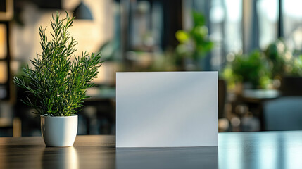 blank white paper mockup in table tent on glass light blur office background, empty poster, advertisement template, menu in cafe, sign, copy space, place for text