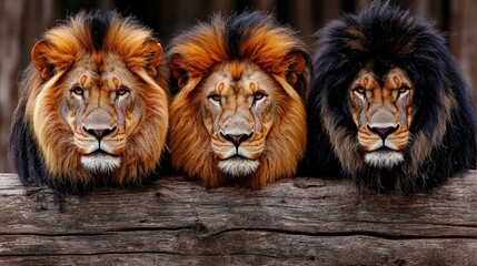 Three lions sitting on top of a wooden fence