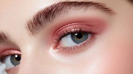 Fototapeta premium A woman with long brown hair and blue eyes is wearing pink eye shadow