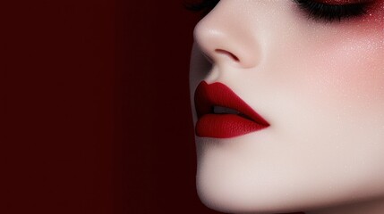 A woman with red lipstick and red eyeshadow