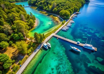 Stunning 4K Aerial View of a Scenic Boat Ramp Surrounded by Lush Greenery and Clear Waters, Perfect for Nature and Outdoor Enthusiasts, with Ample Copy Space for Text