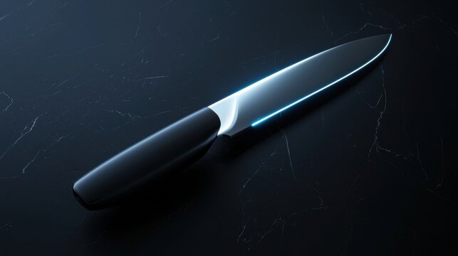 A knife is shown in a black background with a blue light shining on it