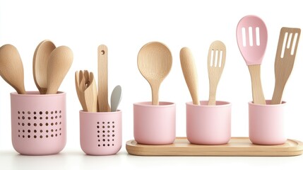 Pink utensil holders with wooden and silicone cooking tools.