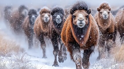 A herd of camels running through a snow covered field