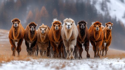 A herd of camels walking across a snow covered field