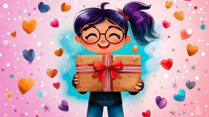 A girl holding a gift box surrounded by hearts