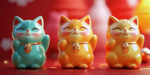 Fototapeta premium Three Lucky Cats, Red Background, Festive