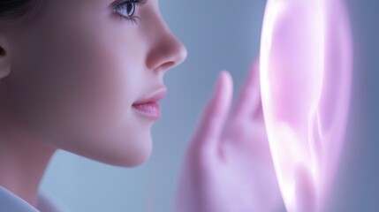 A woman is looking at a mirror with a pink reflection