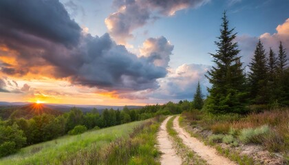 Naklejka premium Breathtaking Wilderness with Storm Clouds and Vibrant Sunset Colors