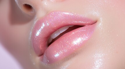 A woman's lips are covered in glittery pink lip gloss