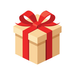 Christmas Gift Box Vector - Craft Paper Wrapping with Red Ribbon, Minimalist and Elegant Festive Holiday Design