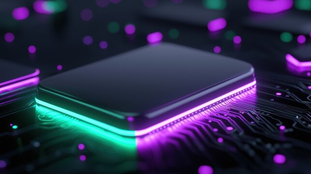 A computer chip with a purple and green glow