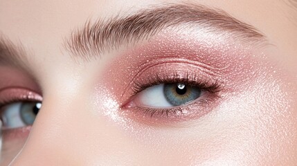Obraz premium A woman with light brown hair and blue eyes is wearing pink eye shadow