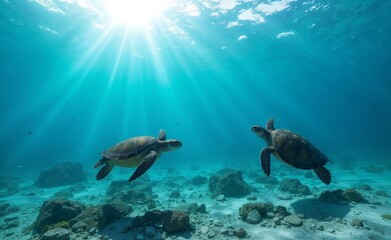 Fototapeta premium Two sea turtles swimming gracefully in a clear ocean with sun rays shining through the water 