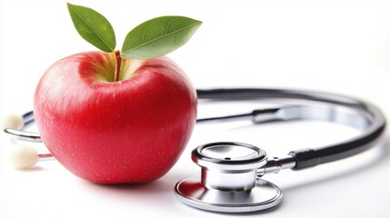 Fresh Red Apple with Green Leaves Next to a Stethoscope Symbolizing Health, Nutrition, Wellness, and Preventive Care in a Vibrant Medical Setting