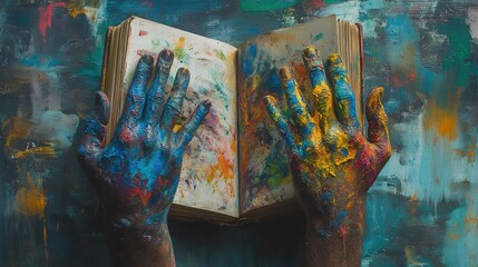Fototapeta premium Painted Hands Hold Open Antique Book Against Abstract Background