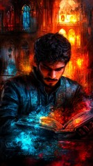 Fototapeta premium A man reading a book in a dark room