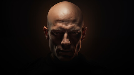 Obraz premium Powerful bald man under dramatic lighting symbolizing strength for World Cancer Day