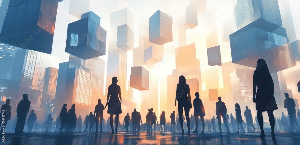 Poster silhouettes of people against a backdrop of floating geometric shapes and light.