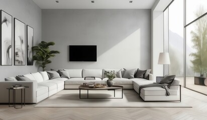 Fototapeta premium living room with a large couch and a coffee table