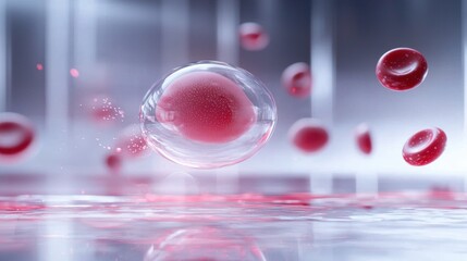 A close up of a red blood cell with a clear bubble surrounding it