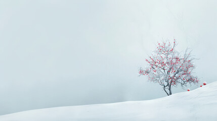 christmas snow background with red balls and tree