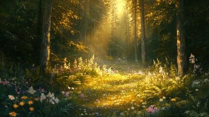 Fototapeta premium Sunlight filters through a lush forest, illuminating a vibrant carpet of wildflowers, AI