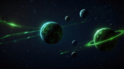 Here's a description and keywords for your image.. Two vibrant green planets orbit in a dark space, surrounded by smaller celestial bodies and glowing trails.